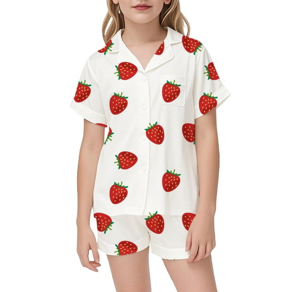 SonxaHe Toddler Girl' Outfits Strawberry Print Short Sleeve Shirt Shorts Child Home Wear Cozy Soft Sleepwear Outfit Set Red,Sized 2-3