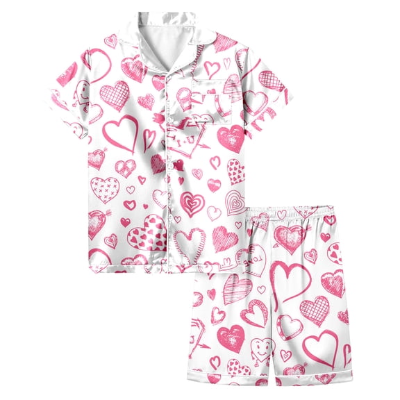 SonxaHe Toddler Girl Outfits Valentine's Day Heart Prints Satin Short Sleeve Button Shirt Shorts Cozy Silk Homewear Outfit Set Pink,Sized 4-5