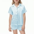 thumbnail image 1 of SonxaHe Toddler Girl' Pajama Set Short Sleeve Button Down Top Shorts Soft Satin Silk Nightwear Outfit Set Blue,Sized 3-4, 1 of 4