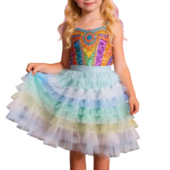 SonxaHe Toddler Girls Skirt Rainbow Gradient Ruffles Tiered Tulle Skirt Child Festive Party Stretch Waist Ballet Skirts Blue,Sized 2-3