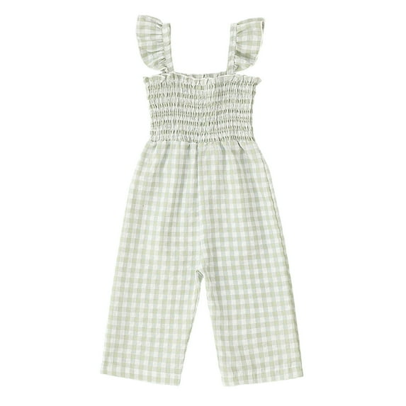 SonxaHe Toddler Girl Summer Jumpsuit Sleeveless Lattice Prints Smocked Romper Kids Beach Party Breathable Clothes Green,Size 3-4 Y