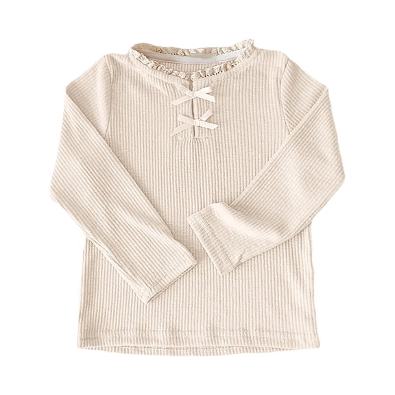 SonxaHe Toddler Girl Tshirt Bow Ruffled Long Sleeve Elegant Thermal Shirt Kids Style Fall Winter Casual Tshirt White,Sized 3-4