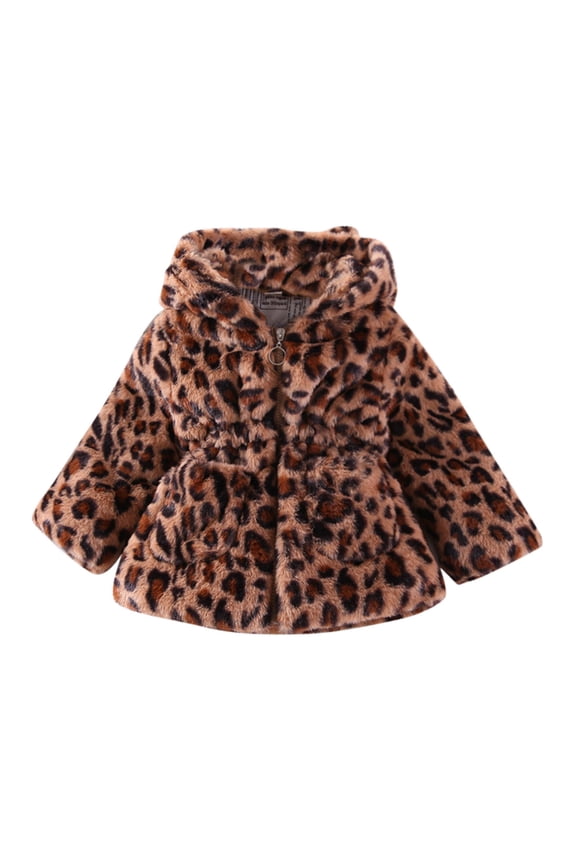 Toddler Girl Winter Coats Leopard Print Thicken Warm Hooded Coat Children Fleece Lined Windproof Outerwear Coats Brown,Sized 4-5