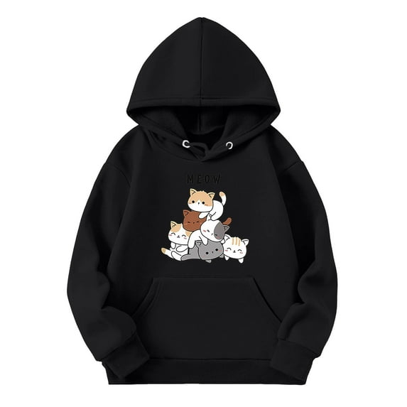 SonxaHe Toddler Girl's Hoodie Long Sleeve Cartoon Cat Print Soft Oversized Fall Winter Hooded Sweatshirt Black,Sized 3-4