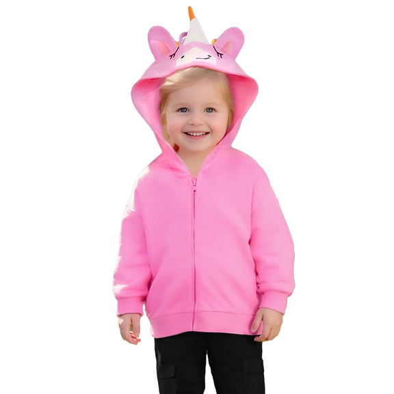 SonxaHe Toddler Girl's Hoodies Cartoon Unicorn Prints Zip Hooded Sweatshirts Child Fashion Breathable Relaxed Clothes Pink,Size 3-4 Y