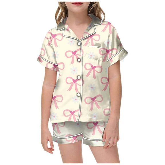 SonxaHe Toddler Girl's Outfits Satin Bow Prints Short Sleeved Shirt Shorts Kids Silk Loose Loungewear Home Wear Outfits Beige,Sized 4-5