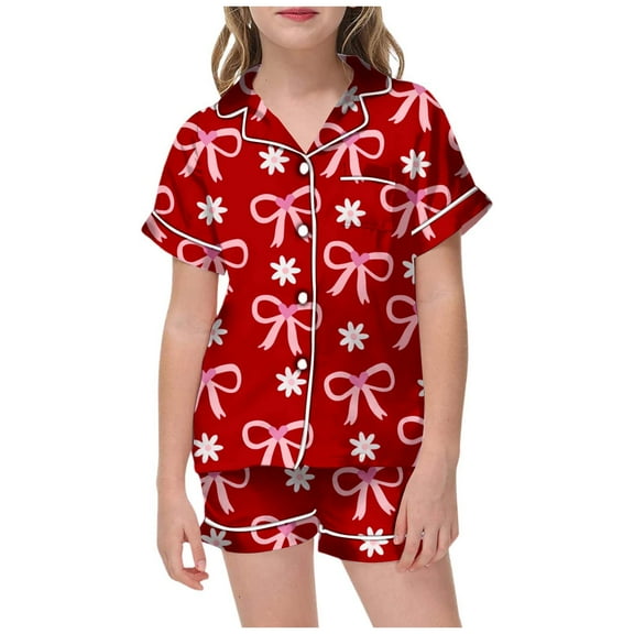 SonxaHe Toddler Girl's Outfits Satin Bow Prints Short Sleeved Shirt Shorts Kids Silk Loose Loungewear Home Wear Outfits Red,Sized 4-5