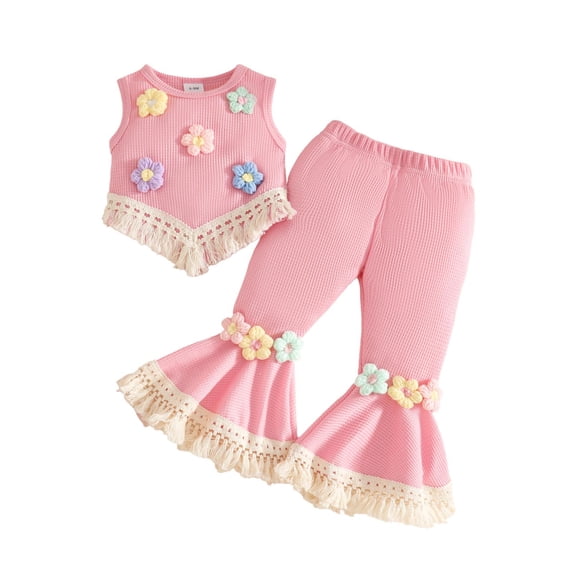 SonxaHe Toddler Girl's Outfits Sleeveless Flower Tassels Vest Flared Pants Baby Summer Dancewear Comfortable Outfit Set Pink,Size 2-3 Y