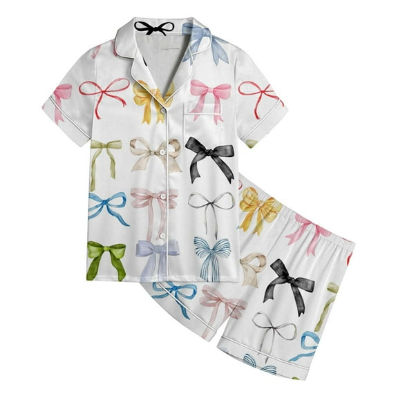 SonxaHe Toddler Girl's Sleepwear Outfits Bow Print Short Sleeve Top Shorts Child Soft Satin Nightwear Homewear Outfits White,Sized 2-3