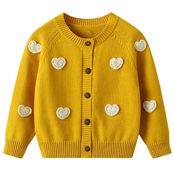SonxaHe Toddler Girl's Sweater Handmade Heart Embroidery Knit Cardigan Kids Soft Comfy Fall Winter Outerwear Sweaters Yellow,Sized 3-4