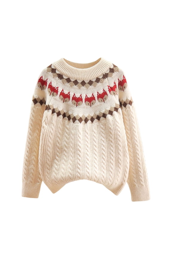 Toddler Girl's Sweaters Fox Print Warm Thickened Long Sleeved Knit Top Children Soft Cozy Loose Winter Sweater Beige,Sized 3-4