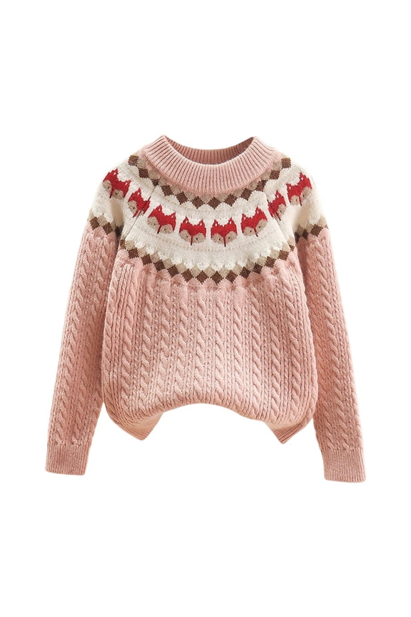 Toddler Girl's Sweaters Fox Print Warm Thickened Long Sleeved Knit Top Children Soft Cozy Loose Winter Sweater Pink,Sized 4-5