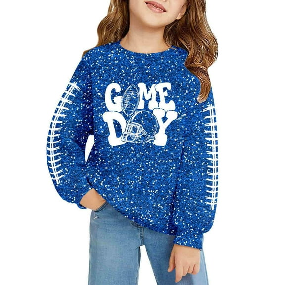 SonxaHe Toddler Girl's Sweatshirt Glitter Rugby Print Long Sleeve Fashion Soft Breathable Sports Tops Blue,Sized 3-4