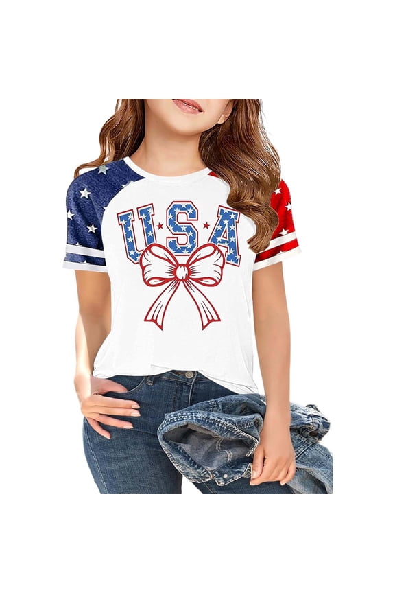 Toddler Girl's Tshirt 4th of July Letter Print Short Sleeved Crew Neck T Shirt Fashion Holiday Tee White,Size 3-13 Y