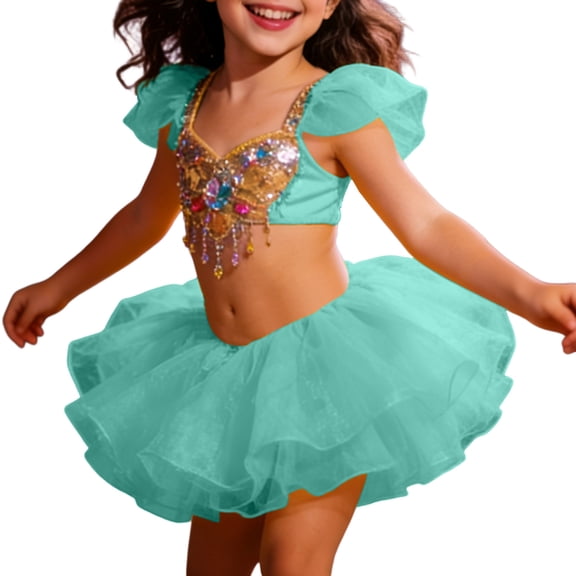 SonxaHe Toddler Girls' Ballet Dance Skirt Sparkly Leotard Layered Tut Skirts Kids Performance Tutu Party Skirts Green,Size 3-6 Y
