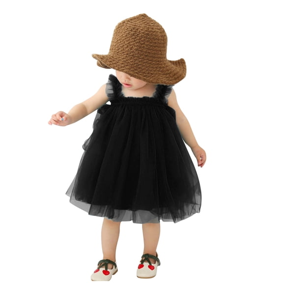 SonxaHe Toddler Girls Dresses Fashion Sleeveless Ruffle Tutu Dresses Kids Summer Solid Party Princess Tulle Dress Black,Size 2-3 Y