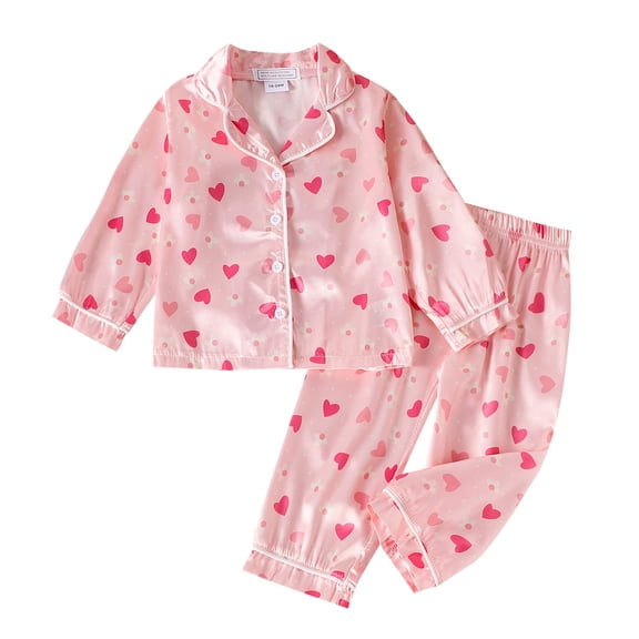 SonxaHe Toddler Girls Homewear Outfits Cartoon Heart Prints Long Sleeve Lapel Shirt Pant Valentine's Day Satin Silk Outfit Set Pink,Sized 3-4