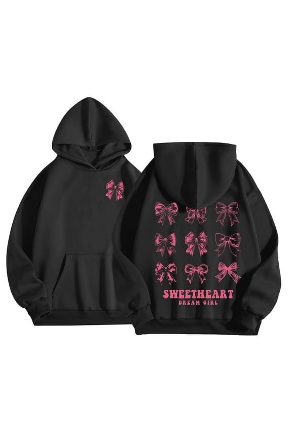 Toddler Girls Hooded Sweatshirts Bow Prints Long Sleeve Oversized Casual Winter Pullover Hoodie Black,Sized 4-5