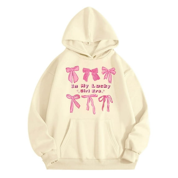 SonxaHe Toddler Girls Hoodie Bow Prints Long Sleeve Oversized Comfy Autumn Winter Hooded Sweatshirt Beige,Sized 2-3