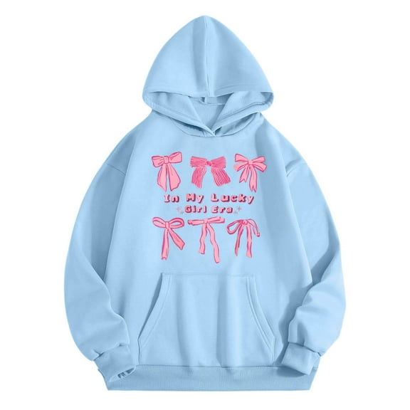 SonxaHe Toddler Girls Hoodie Bow Prints Long Sleeve Oversized Comfy Autumn Winter Hooded Sweatshirt Blue,Sized 4-5