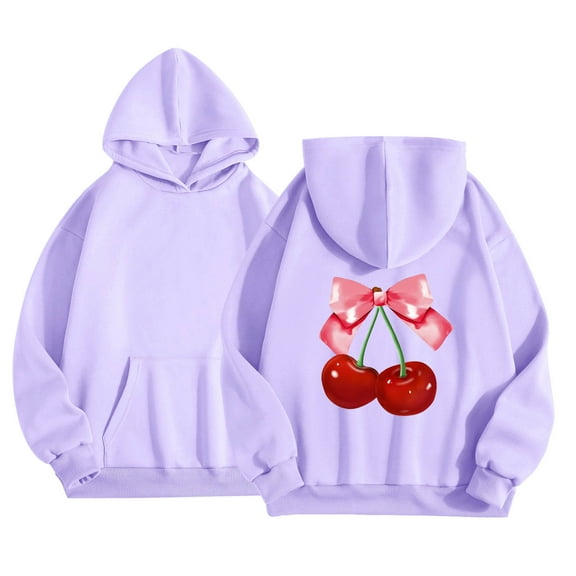 SonxaHe Toddler Girls Hoodies Cherry Prints Long Sleeve Comfy Cozy Loose Hooded Sweatshirts with Pocket Purple,Sized 4-5