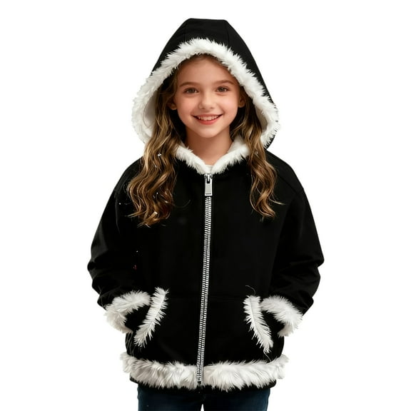 SonxaHe Toddler Girls Hoodies Fleece Christmas Zip Fur Trim Hooded Sweatshirt with Pockets Warm Soft Cozy Outdoor Hoodies Black,Sized 2-3