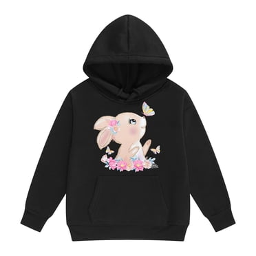 SonxaHe Toddler Girls Hoodies Sweatshirts Bunny Print Casual Outerwear Warm Hooded Sweatshirts Black,Sized 2-3