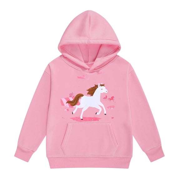 SonxaHe Toddler Girls' Hoodies Warm Cartoon Horse Print Long Sleeve Pullover Hooded Sweatshirts with Pocket Pink,Sized 4-5