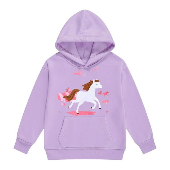 SonxaHe Toddler Girls' Hoodies Warm Cartoon Horse Print Long Sleeve Pullover Hooded Sweatshirts with Pocket Purple,Sized 2-3