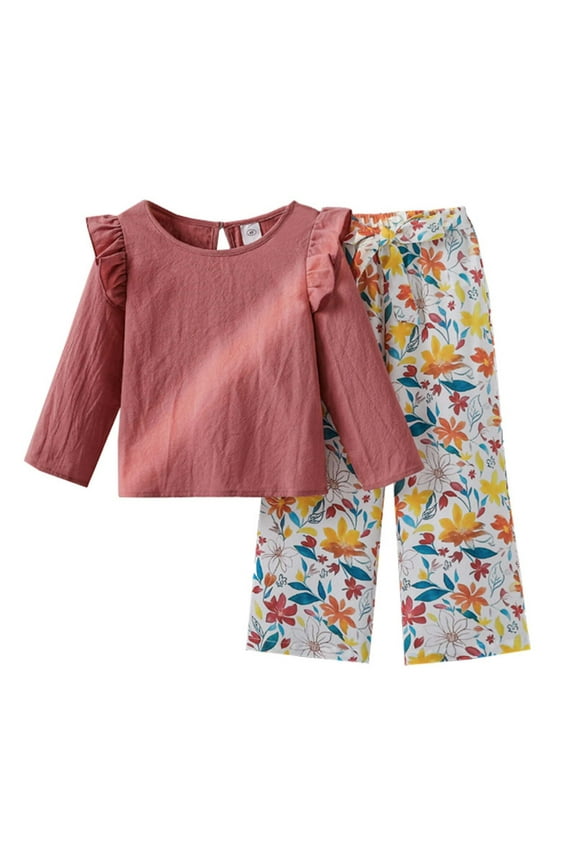 Toddler Girls Outfit Set Floral Graphic Ruffle Tshirt Pants Lightweight Comfortable Spring Fall Outfit Set for Kids Red,Size 4-5 Y