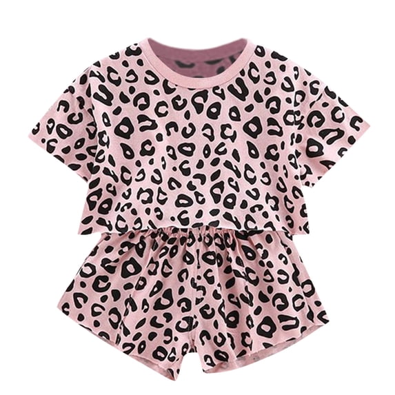 SonxaHe Toddler Girls Outfit Set Leopard Print Short Sleeve Tshirt Short Fashion Daily Sports Outfits Pink,Size 12 M-6 Y