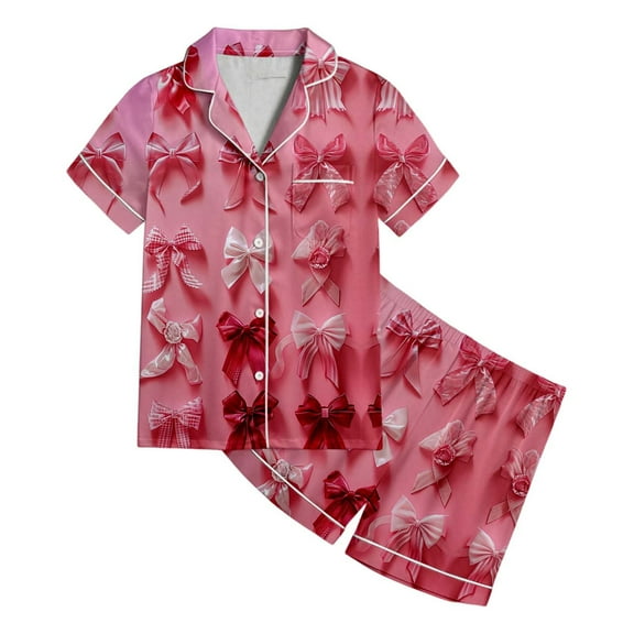 SonxaHe Toddler Girls' Outfit Set Satin Silk Bow Print Short Sleeve Shirt Shorts Kids Soft Comfy Nightwear Homewear Outfits Pink,Sized 2-3
