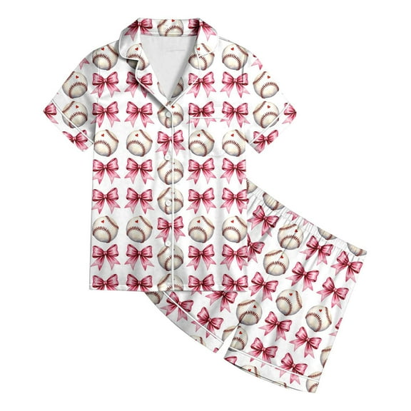 SonxaHe Toddler Girls' Outfits Cartoon Prints Lapel Short Sleeved Tshirt Shorts Kids Satin Silk Thin Sleepwear Outfit Set White,Sized 2-3