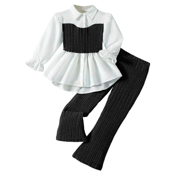 SonxaHe Toddler Girls Outfits Lapel Button Shirt Knitted Flared Pants Stylish Relaxed Soft Spring Outfit Set for Teen Black,Size 4-5 Y