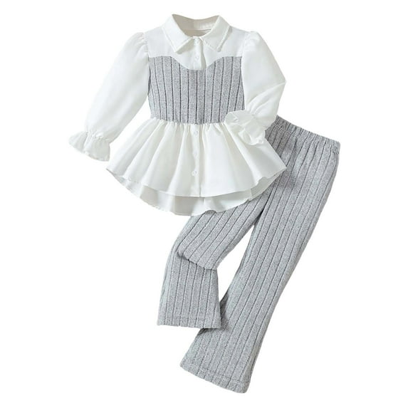 SonxaHe Toddler Girls Outfits Lapel Button Shirt Knitted Flared Pants Stylish Relaxed Soft Spring Outfit Set for Teen Gray,Size 3-4 Y