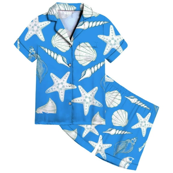 SonxaHe Toddler Girls Outfits Satin Cartoon Ocean Print Short Sleeve Shirt Shorts Child Soft Cozy Homewear Outfit Set Blue,Sized 2-3