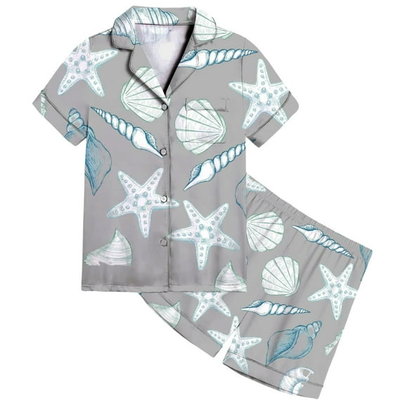 SonxaHe Toddler Girls Outfits Satin Cartoon Ocean Print Short Sleeve Shirt Shorts Child Soft Cozy Homewear Outfit Set Gray,Sized 2-3