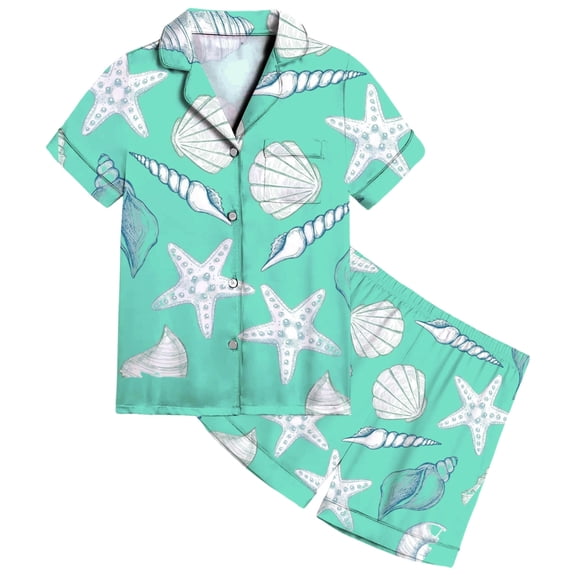 SonxaHe Toddler Girls Outfits Satin Cartoon Ocean Print Short Sleeve Shirt Shorts Child Soft Cozy Homewear Outfit Set Green,Sized 2-3