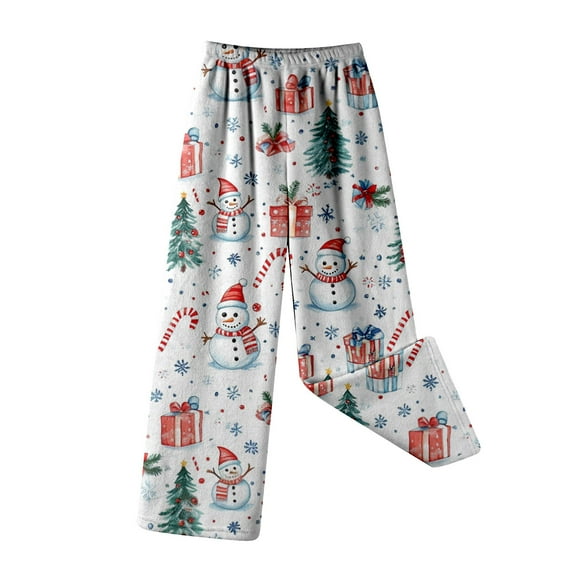 SonxaHe Toddler Girls Pants Christmas Snowman Flannel Thermal Home Pants Kids Fleece Warm Soft Holiday Sleepwear Trousers White,Sized 3-4