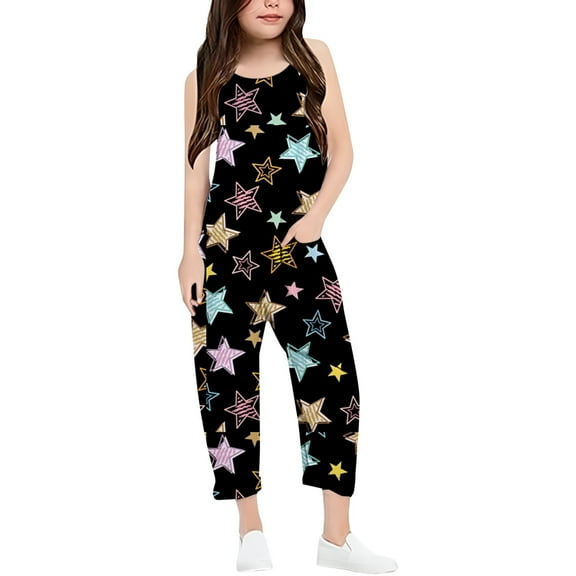 SonxaHe Toddler Girls' Pants Star Printed Loose V Strap Romper Kids Summer Comfy Casual with Pocket Multi-color,Sized 4-5