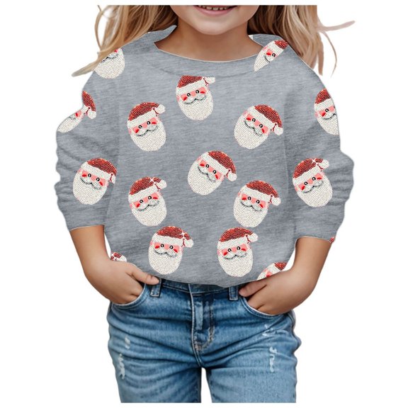 SonxaHe Toddler Girls Sweatshirt Christmas Santa Print Long Sleeved Top Kids Xmas Holiday Party Loose Fall Winter Sweatshirts Gray,Sized 4-5