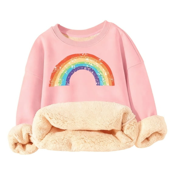 SonxaHe Toddler Girls Sweatshirt Fleece Lined Rainbow Print Long Sleeve Tshirt Child Warm Soft Cozy Winter Sweatshirts Pink,Sized 4-5