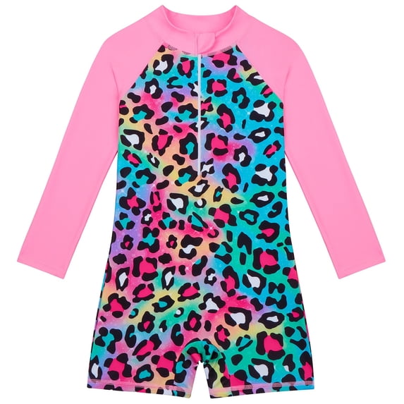 SonxaHe Toddler Girls' Swimsuit UPF 50+ Sun Leopard Print Long Sleeve Zip Bathing Suit Child Board Beach Rash Guard Swimwear Pink,Size 4-5 Y