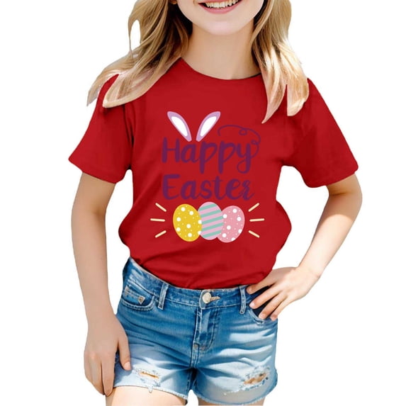 SonxaHe Toddler Girls T Shirt for Easter Summer Egg Bunny Short Sleeve Top Stylish Durable Basic Loose T Shirts for Teen Red,Size 3-4 Y