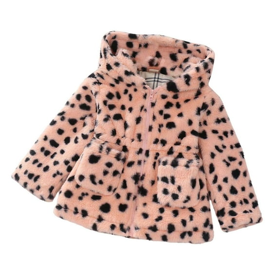 SonxaHe Toddler Girls Winter Coat Fleece Warm Thickened Hooded Windproof Jackets Kids Leopard Print Flannel Soft Outerwear Coats Pink,Sized 4-5