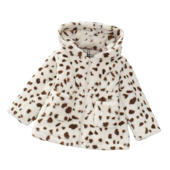 SonxaHe Toddler Girls Winter Coat Fleece Warm Thickened Hooded Windproof Jackets Kids Leopard Print Flannel Soft Outerwear Coats White,Sized 4-5
