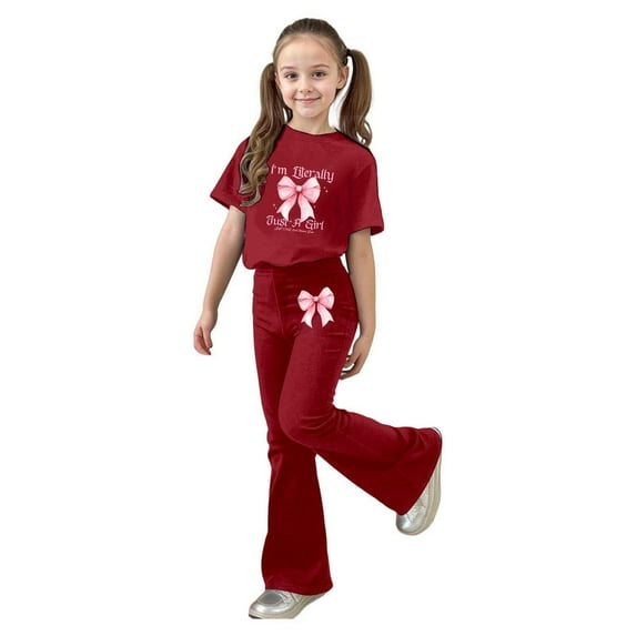 SonxaHe Valentine's Day Outfits for Big Girl Bow Print Short Sleeve Top Flared Pants Party Cozy Spring Outfits for Teen Red,Size 11-12 Y