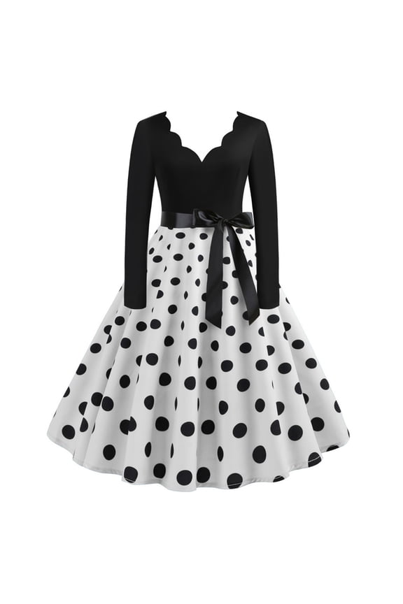 Women's Polka Dot Swing Dress Long Sleeve Scallop V Neck Belted Retro Party Midi Dress White S