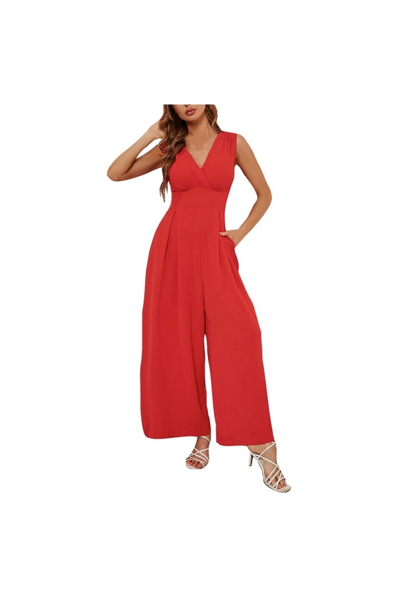 Women's Sleeveless V Neck Jumpsuit High Waist Wide Leg Formal Party Romper Red XXL