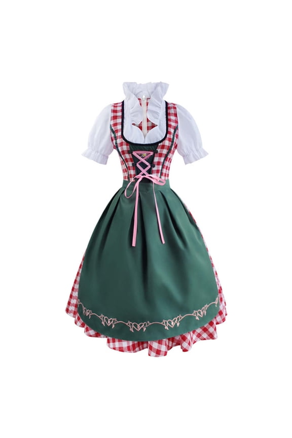 Women's Traditional Dirndl Dress Puff Sleeve Plaid Oktoberfest Themed Party Midi Dress Red M